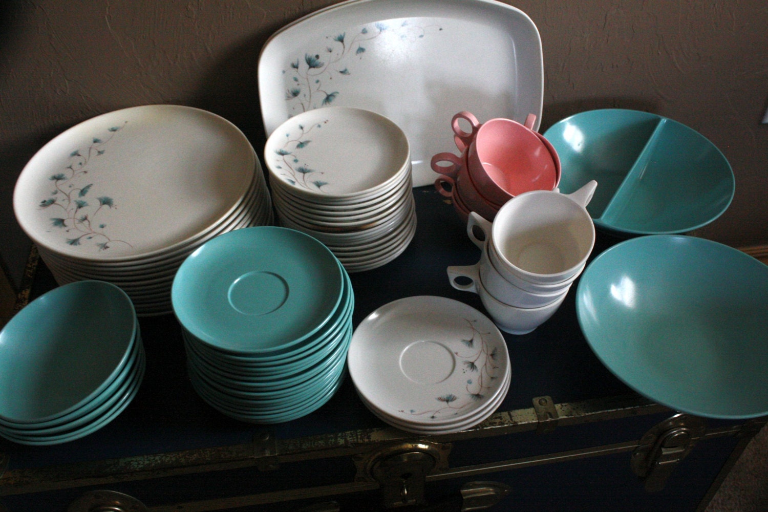 SALE Vintage 1950s Melmac Dinnerware Set Turquoise Blue