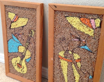 Vintage GRAVEL ART calypso pair of pictures Mosaic