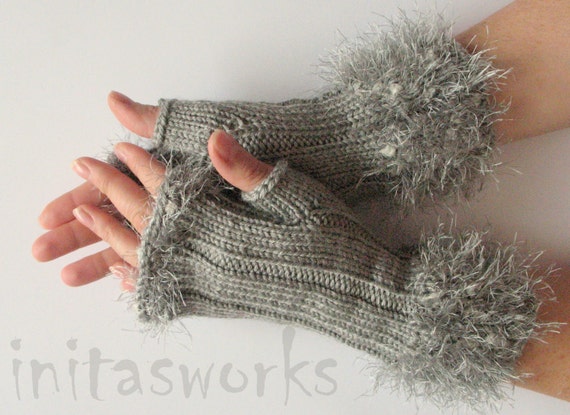 Fingerless Gloves Gray Arm Warmers Mittens 9 inch Knit, Wool Acrylic