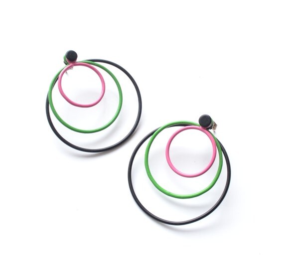 stacking hoop earrings, circle plastic enamel jewelry, powdercoat pink, green and black with black post, SALE 50% OFF