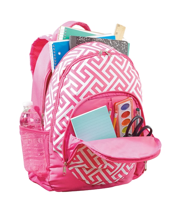 Monogrammed backpack for girls, personalized big backpack, Pink Greek ...