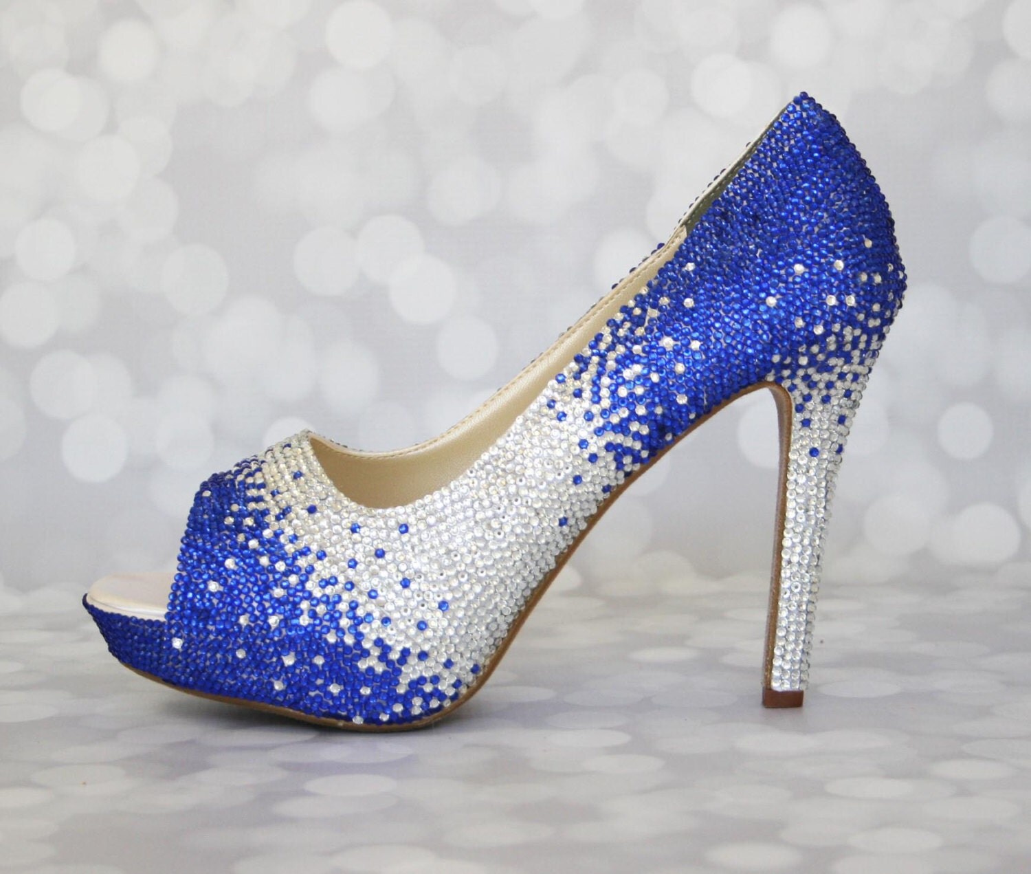Wedding Shoes Silver and Royal Blue Rhinestone Covered Peep