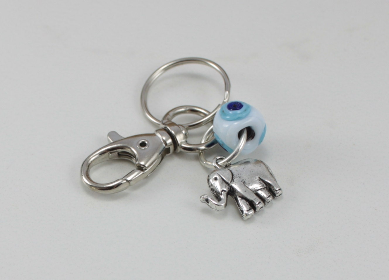 Elephant Charm Keychain with Evil Eye bead handmade glass