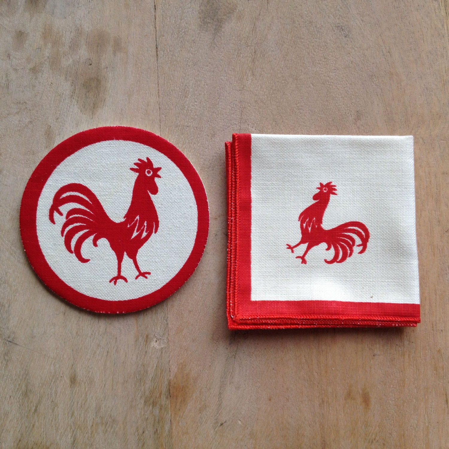 1950s Red Rooster Coasters & Linen Cocktail Napkins