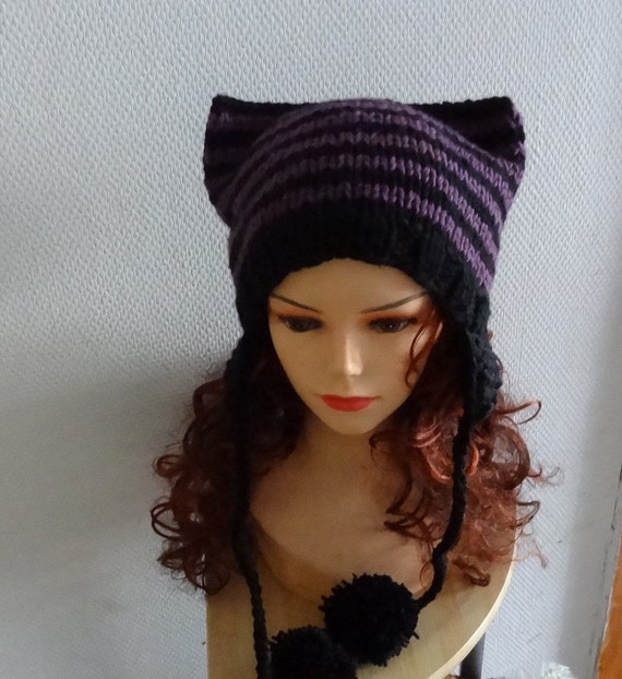 Cat Ears earflaps Hat Cat Beanie Chunky Knit Winter by Ifonka