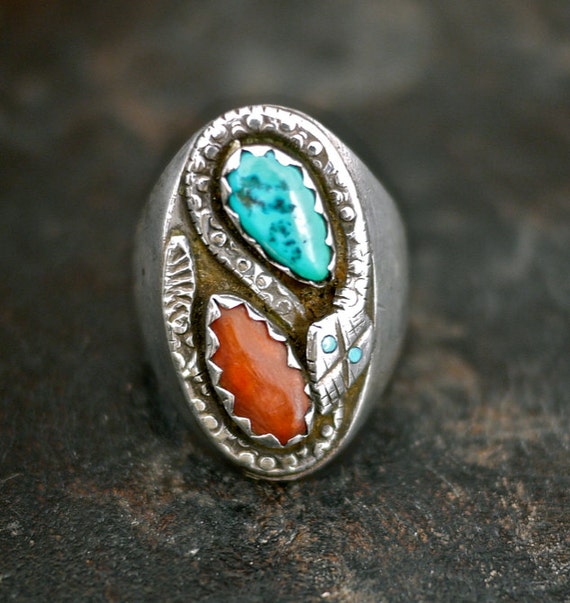 Vintage Zuni Ray Nieto Turquoise & Coral Snake Mens Ring