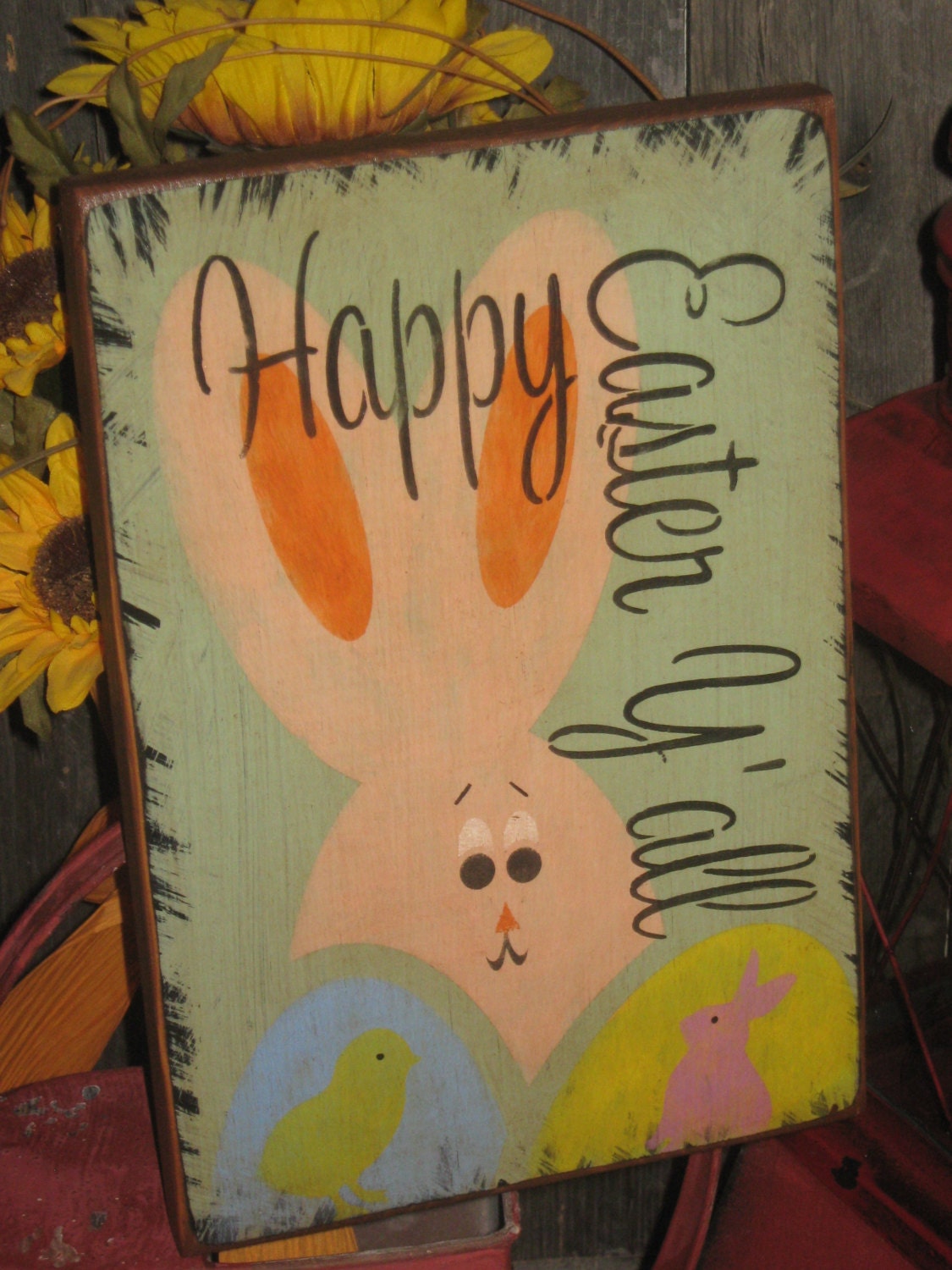 Primitive Wood Easter Bunny Rabbit Eggs Sign Happy 7009