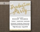 Gold & Black Graduation Party Invitation Gold Glitter Stripes Black Dots Modern Gold Script Bachelorette DIY Digital or Printed- Wendy Il_170x135