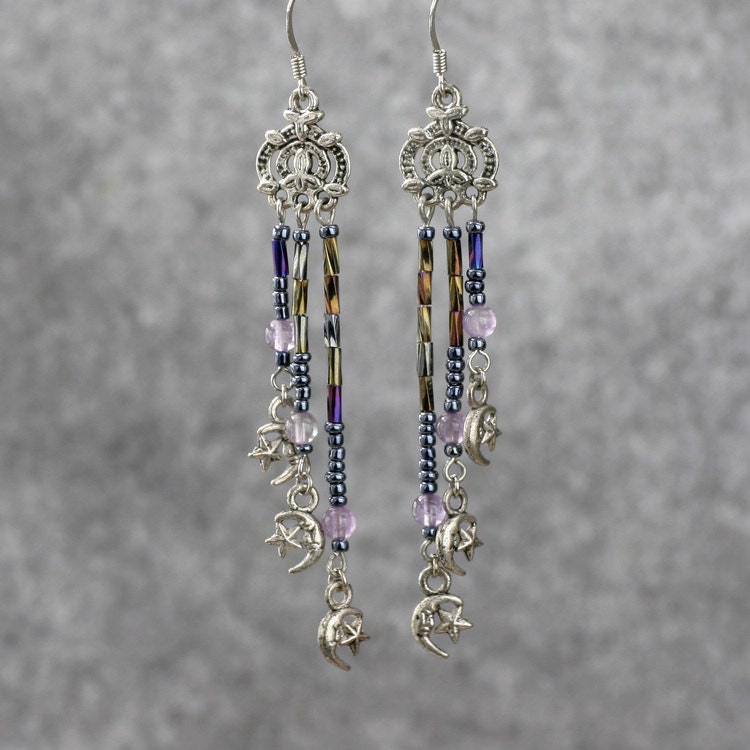 Amethyst linear long dangling earrings Bridesmaid gifts Free