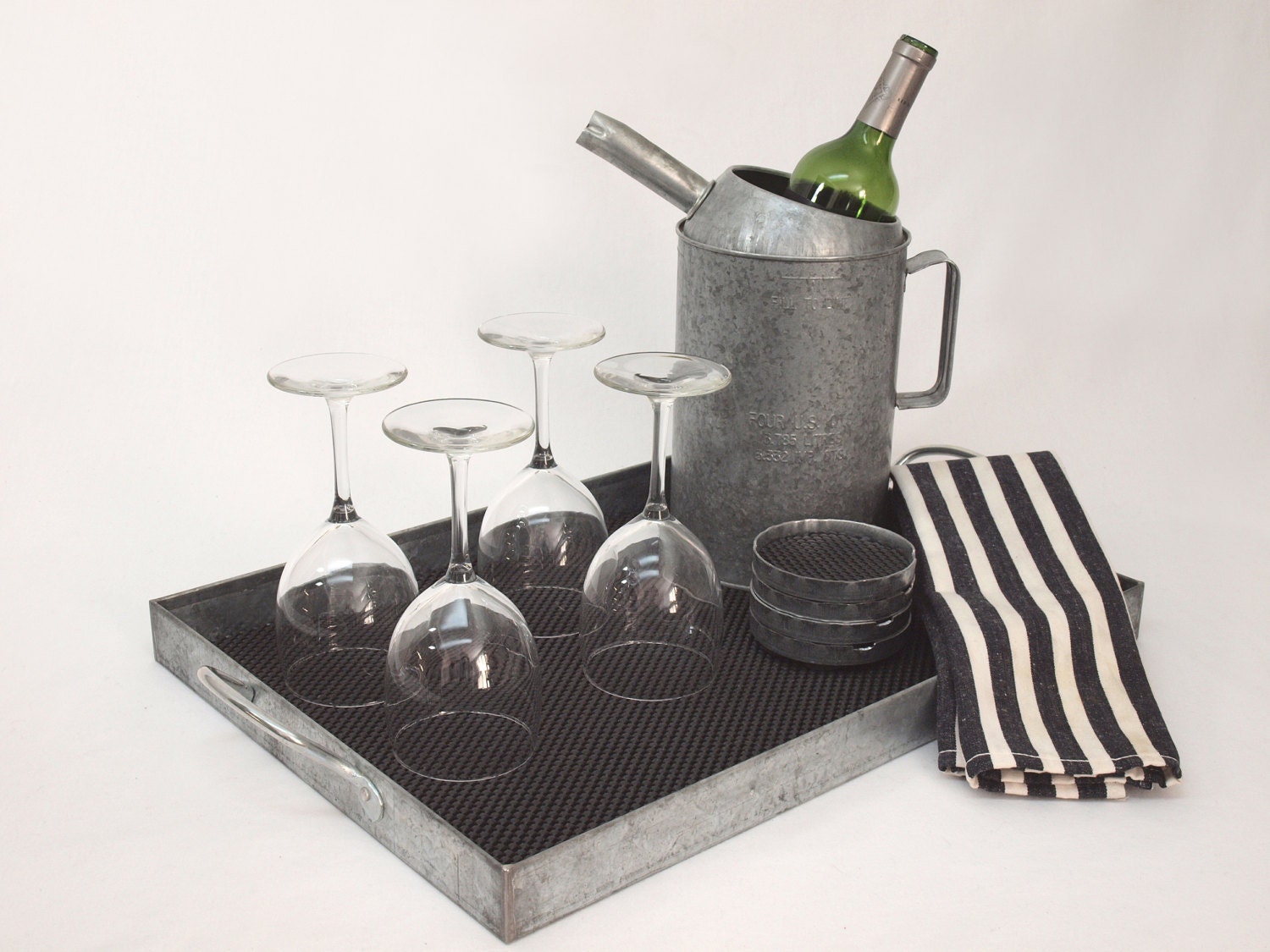 Vintage Barware Set / Bar Accessories with galvanized serving tray, mat