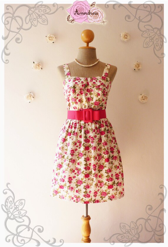 Summer Dress White Dress Pink Rose Dress Vintage Inspired