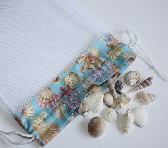 ... Bag, Shells on Aqua Fabric, Mesh Beach bag, Shelling Bag, Shell
