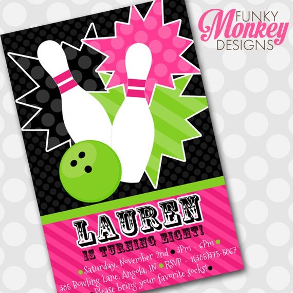 Diy Personalized Pink & Green Sport Bowling Inspired Birthday Party Digtial PRINTABLE 4"x6" Invitation Il_570xn