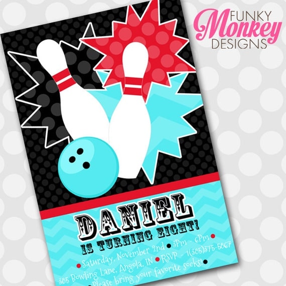 Diy Personalized Red Blue & Black Sport Bowling Inspired Birthday Party Digtial PRINTABLE 4"x6" Invitation Il_570xn