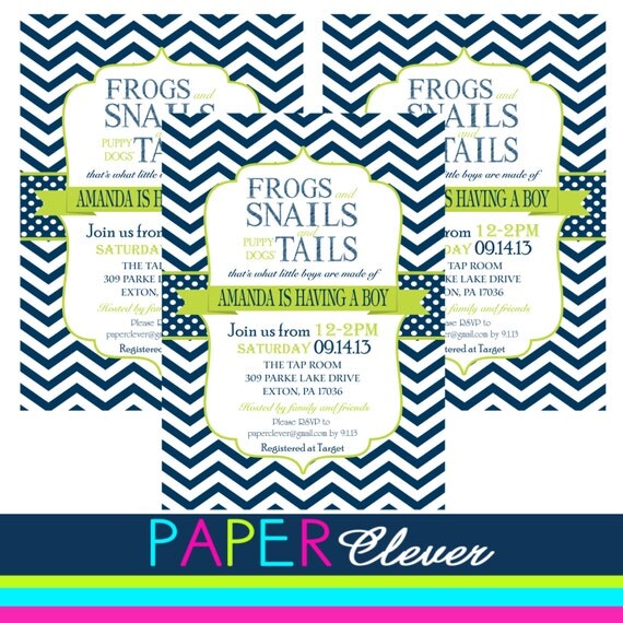 Boys Baby Shower Invitation frogs snails & puppy chevron stripe - printable,digital #109 Il_570xn