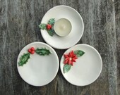 Christmas candle holder, holly, ivy, poinsettia, winter holiday decor