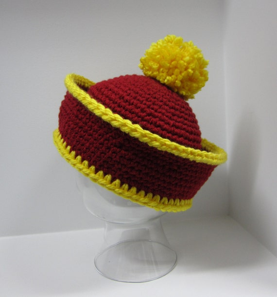 Items similar to Pom Pom Hat Red and Gold Newborn to Adult Size on Etsy