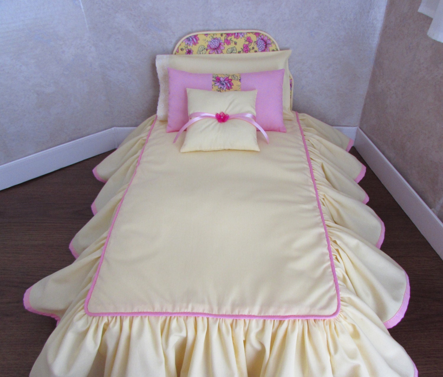 Doll bed for 18 inch dolls Yellow Pink Floral by HandmadeByHill