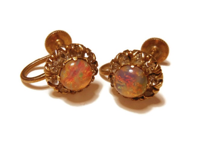 1940s Vargas screw back earrings, gold plated, confetti glass faux fire opal surrounded by clear rhinestones