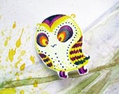 Owl baby brooch yellow purple stripes shrinky plastic pin