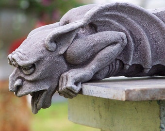 Worrywart Gargoyle, gothic waterspout, medieval sculpture,cast stone art, garden statue, Richard Chalifour, carved element, architectural