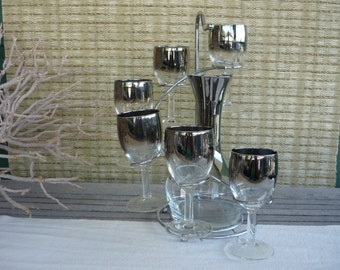 Vintage Silver Ombre Decanter and Wine Glass Set, Mid Century Modern Barware