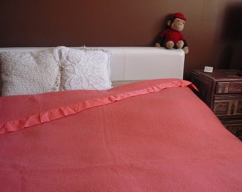 Vintage Canadian Wool Blanket with Satin Edging, Coral Pink Camp Blanket