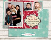 Christmas Photo Card - 5x7 printable download - 3 Photo - Merry Christmas and Happy Everything, Vintage, Shabby Chic, Reds and Greens Design Il_170x135