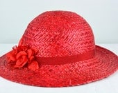 Vintage Red Straw Hat with Flowers