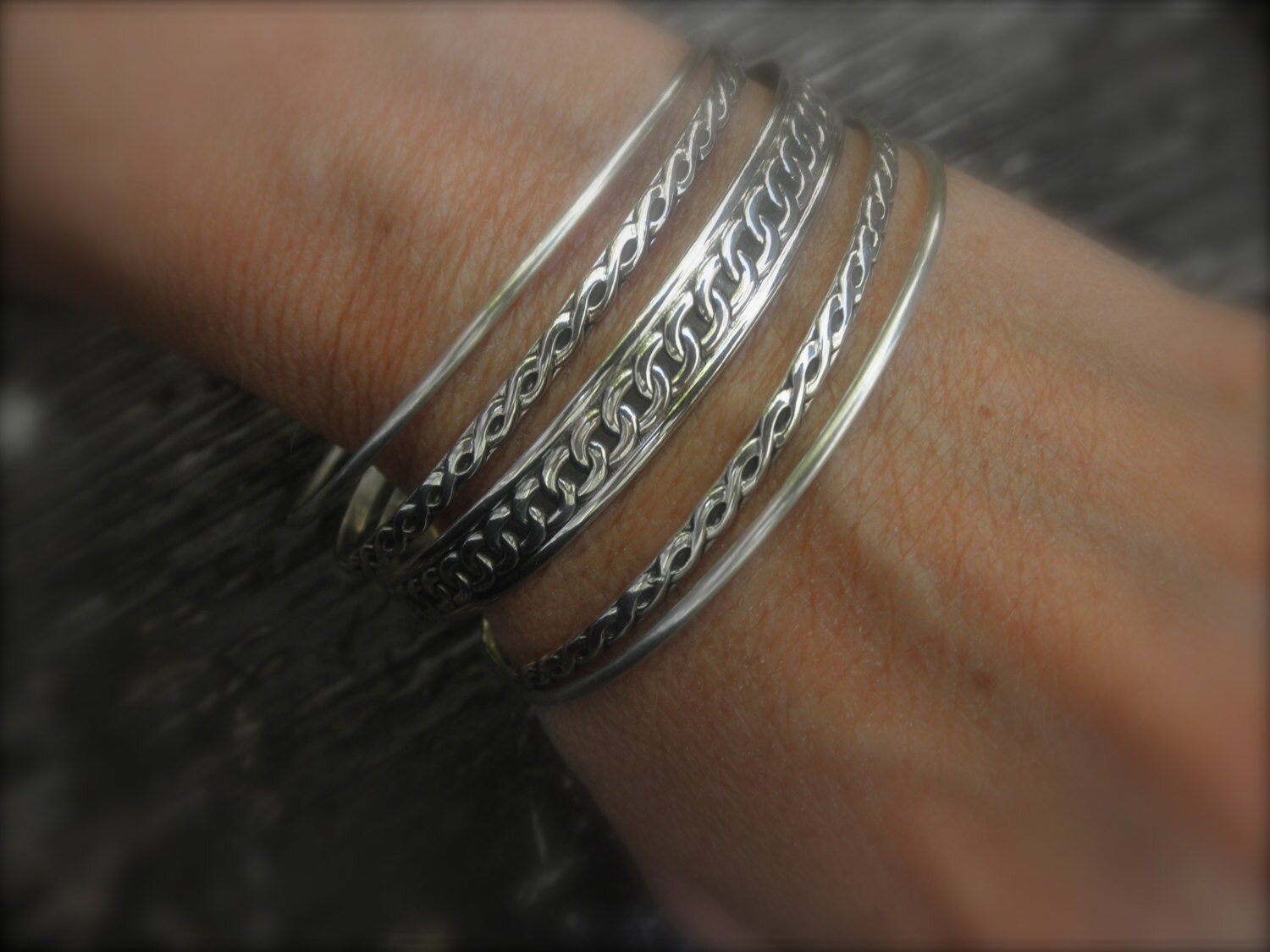 Set Of 5 Sterling Silver Bangle Bracelets 3128