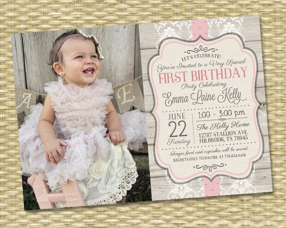 1st Birthday Invitation Rustic Vintage Wood Lace and Ribbon