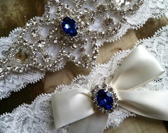 Wedding Garter-Garters-Bridal Garter-Blue-Pearl garter-Keepsake-Something blue-Ivory Lace Garter Set-something blue-bridal white-off-white