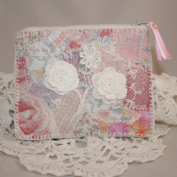 Embroidered Patchwork Purse  Lace flowers on pink by Lynwoodcrafts