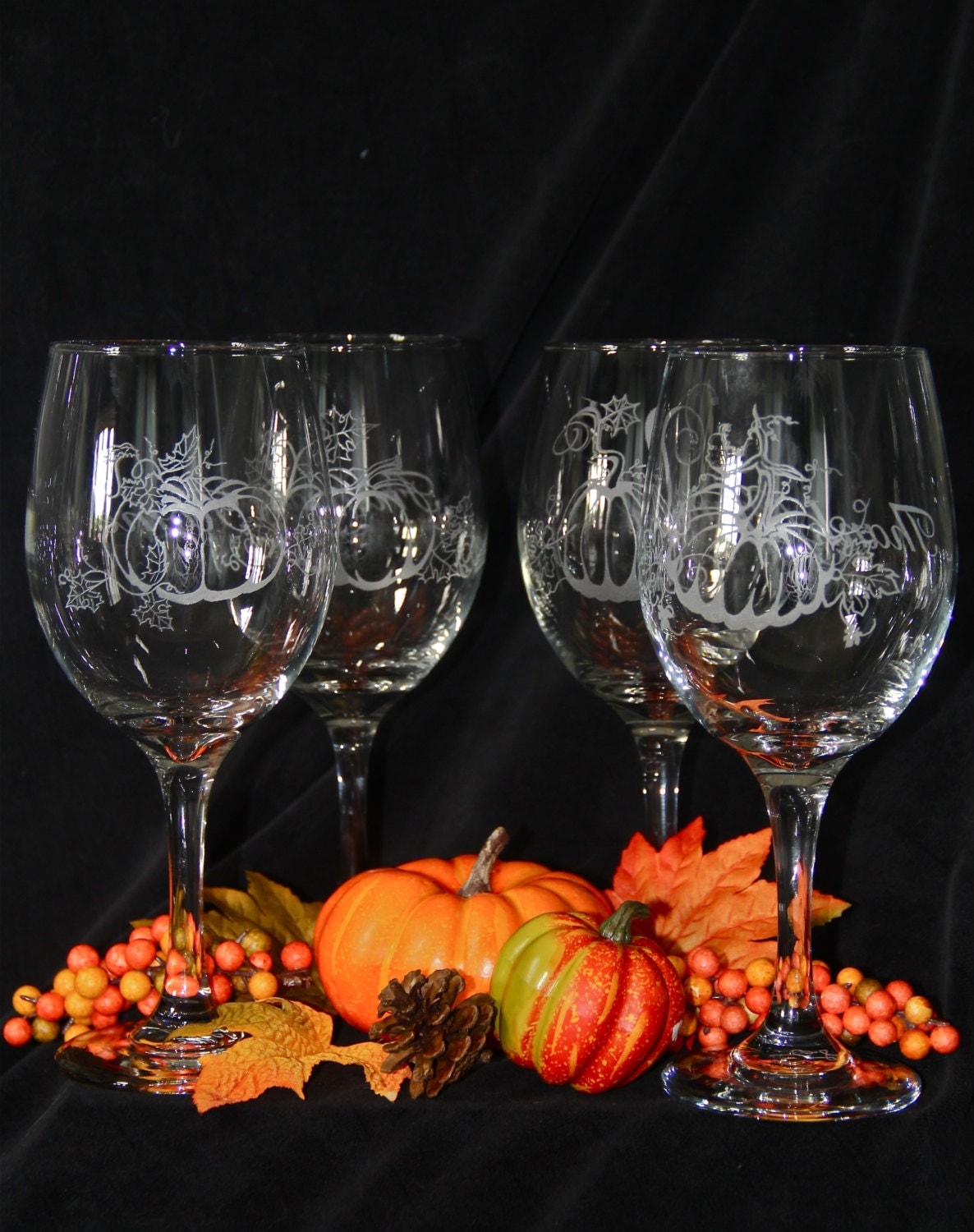 Hand etched Autumn wine glasses
