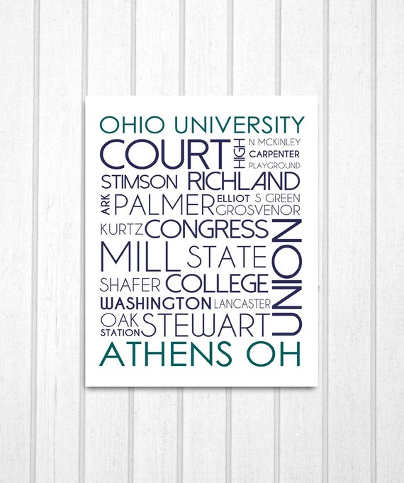 Athens Ohio, Ohio University Street Names Print