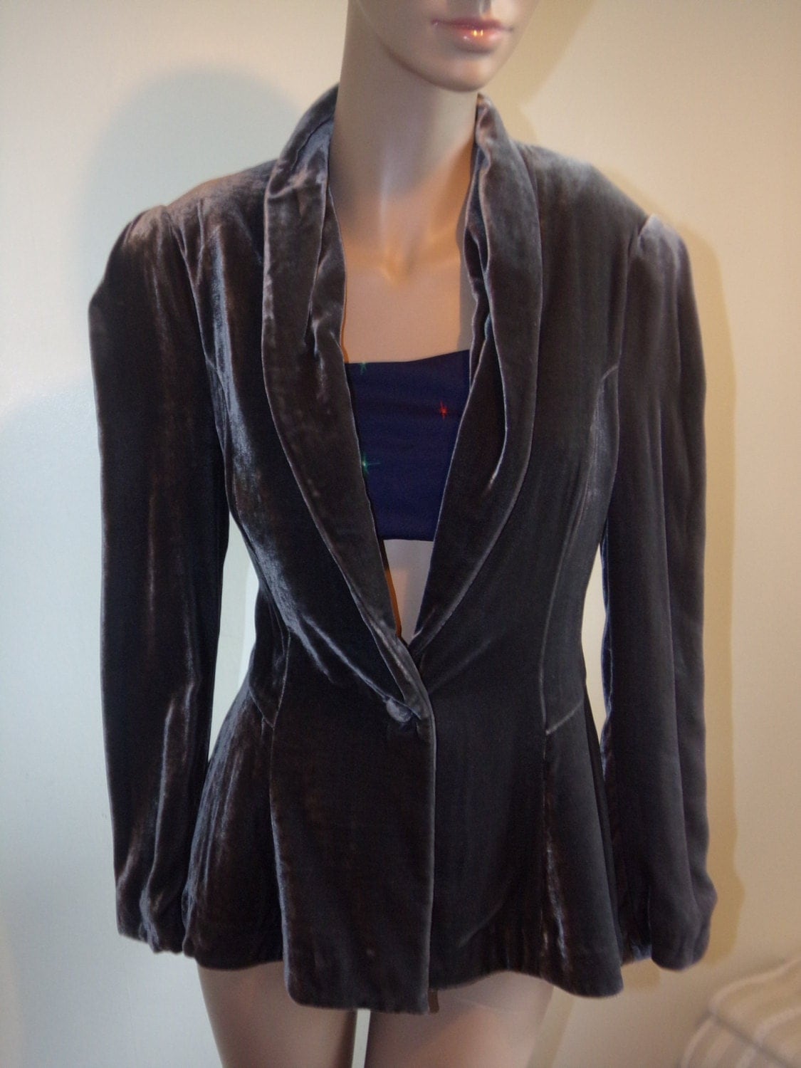 Biba Vintage Grey Velvet Jacket Peplum Ladies Gunmetal Crushed