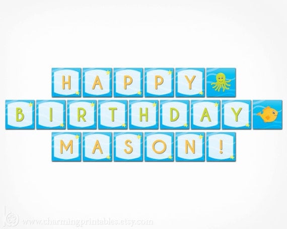 Fish Birthday Banner - DIY Printable File - Happy Birthday Banner - Fish Octopus Starfish - Under the Sea Party Collection Il_570xn
