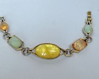 Signed MONET Bracelet 1980s Poured Resin Cabochons Bold Link