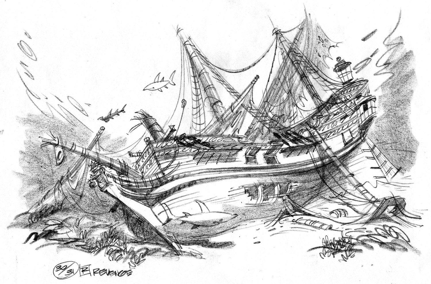 Pencil drawing of the sunken Queen Anne's Revenge by johnmanders