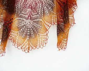 Hand knit shawl wool shawl in brown and orange - gift for her