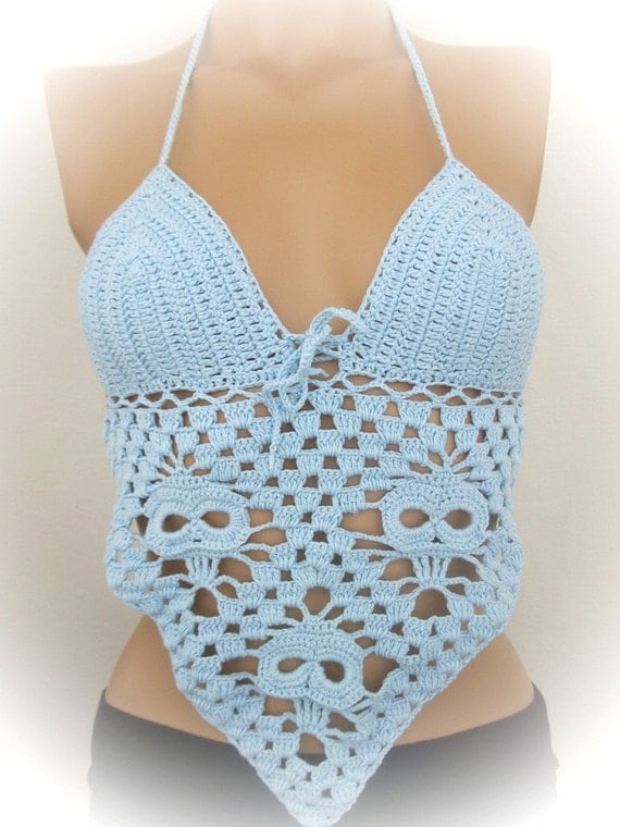 Blue Crochet Skull Halter Top Bandeau Top-Tank top open back