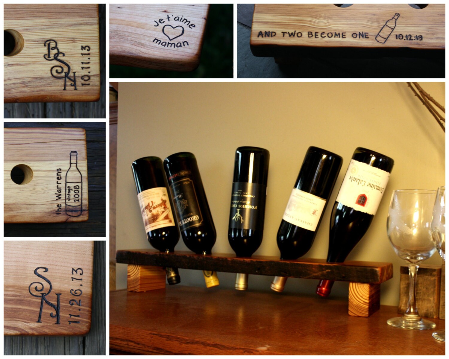 Personalized Wine Rack Rustic Wood Wine Display 5 Bottle