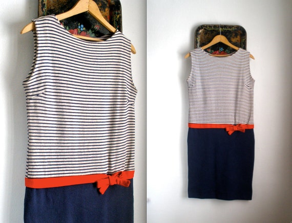 1960s Nautical Drop Waist Knit Dress with Red Bow - Extra Small/Small/Medium