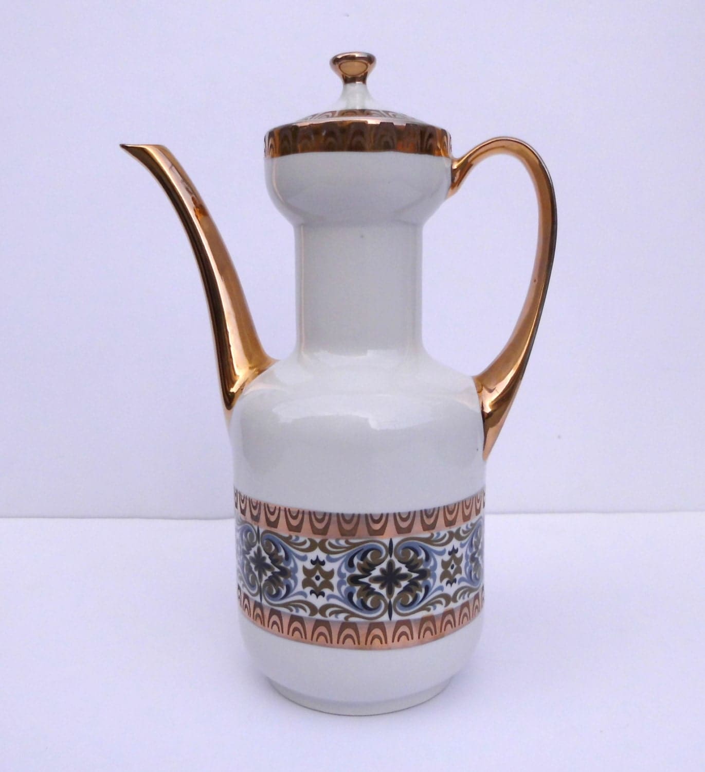 vintage coffee pot ceramic coffee pot. Blue and gold