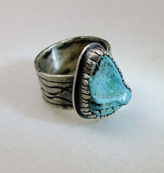 Lone Mountain Turquoise raw nugget ring antiqued, oxidized silver.