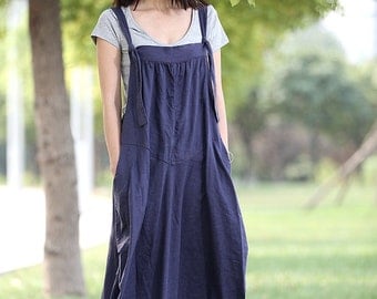 Linen Pinafore Dress - Blue Long Suspender Dress and Bud Shape Skirt Loose-Fitting Maxi Dress C278