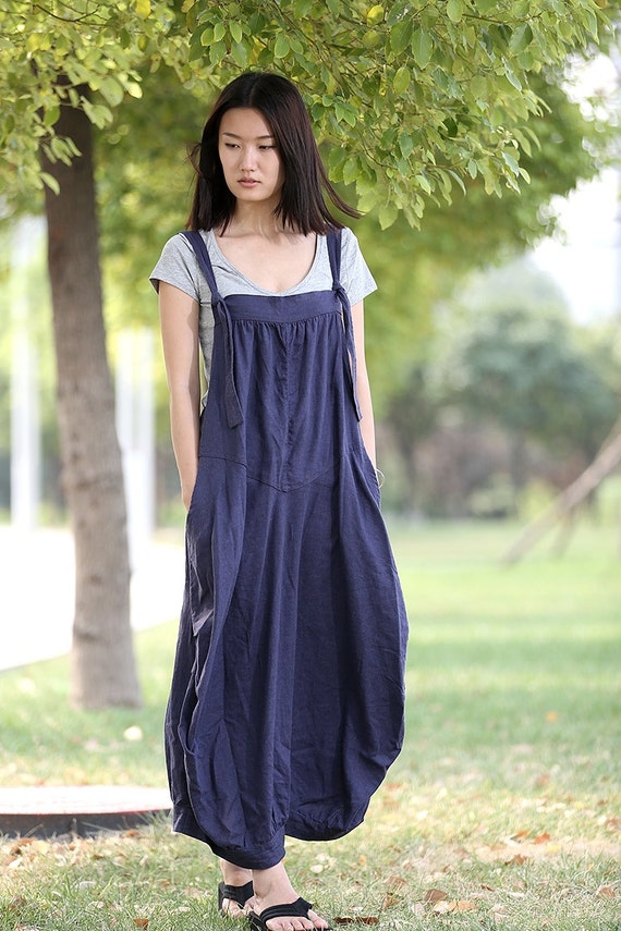 Linen Pinafore Dress Blue Long Suspender Dress and Bud Shape