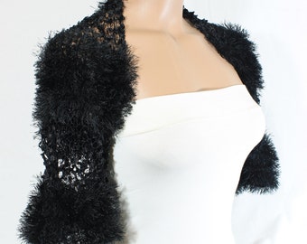 Hand Knitted Crocheted (Black) Short Sleeve Wedding Bolero Bridal Bolero Bridal Shrug Bridesmaid Gift by Arzu's Style