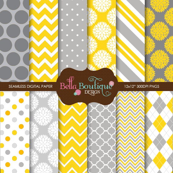 Chic Yellow and Grey - Seamless 12x12" Digital Paper Pack Il_570xn