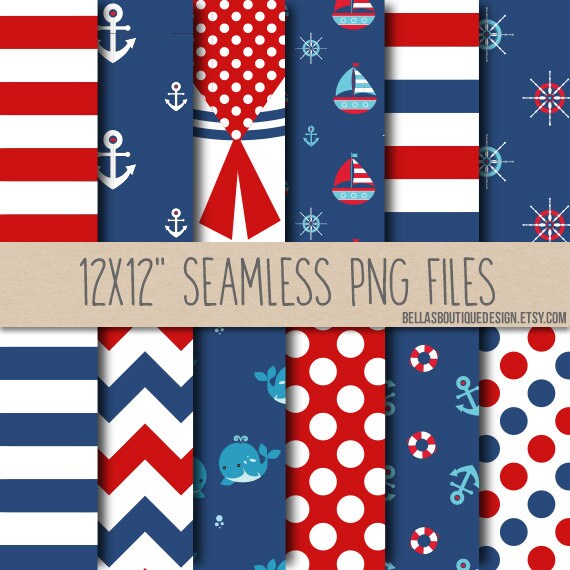 Instant Download, SEAMLESS, Nautical Red and Navy, Digital Paper, Sailboats, Anchors, Whales, Stripes, Polkadots, Chevron Il_570xn